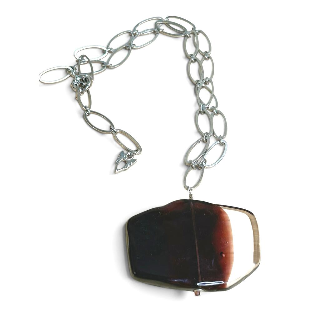 Gorgeous Freeform Art Glass Large Pendant on Silver Tone Link Chain Necklace